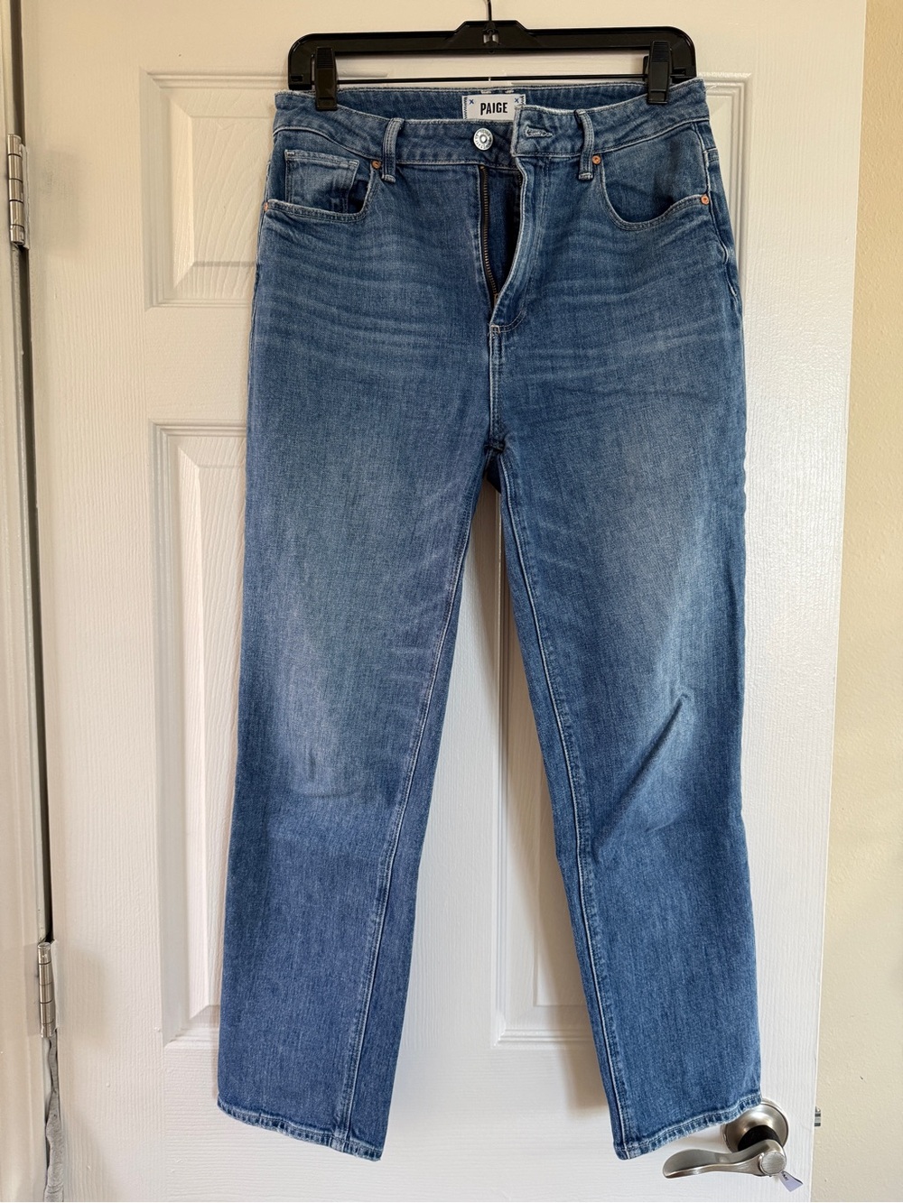 PAIGE Straight Leg Jeans in Mid Blue Wash